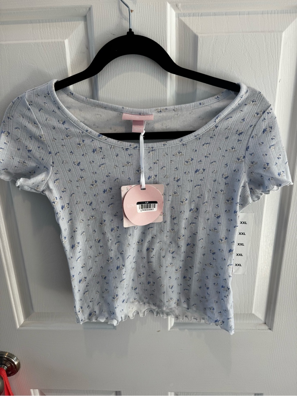 Love Shack Fancy x Target Collab. Light Blue Floral Ribbed Short Sleeve Top